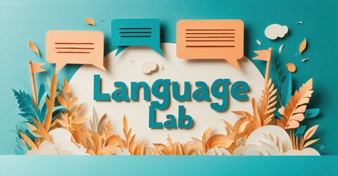 Papercraft illustration depicts language lab concept. Bright colors, speech bubbles, foliage create inviting learning environment.