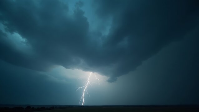 A dramatic lightning strike illuminates the dark sky during a powerful thunderstorm over a field landscape