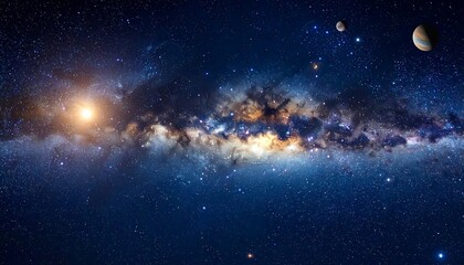 Fototapeta premium Panoramic view of the Milky Way galaxy, showcasing vibrant nebulae, stars, and distant planets