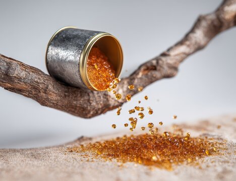 Amber granules spill from metallic container onto sand