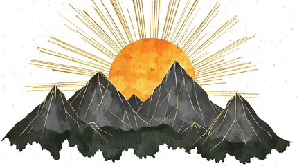 Sunrise over majestic mountains.  Dark, geometric peaks contrasted by a vibrant orange sun with golden rays.  Soft watercolor style