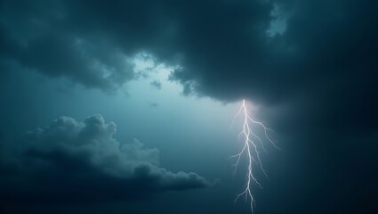 A dramatic sky filled with dark clouds and a bright bolt of lightning striking downwards powerfully