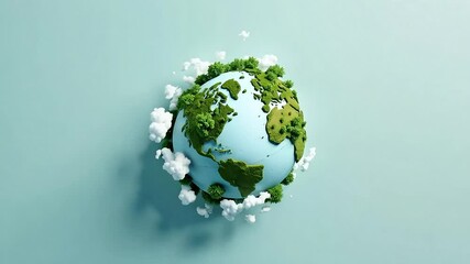 Animated Earth globe rotating with green land, trees, and clouds on a light blue background - Powered by Adobe