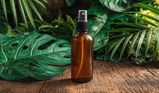 Clear amber glass spray bottle with black sprayer on old wooden table surrounded by lush tropical leaves, natural organic atmosphere for beauty product packaging design and branding mockups
