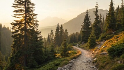 Scenic Mountain Trail with Pine Trees and Misty Sunrise View