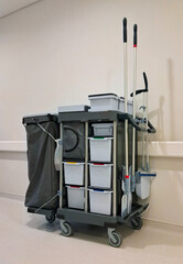 Professional cleaning cart in a hallway