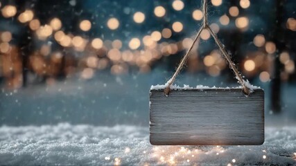 Empty rustic wooden sign hanging on twine over snowy surface with falling snow and glowing lights. Cozy winter holiday atmosphere. Festive and magical. - Powered by Adobe