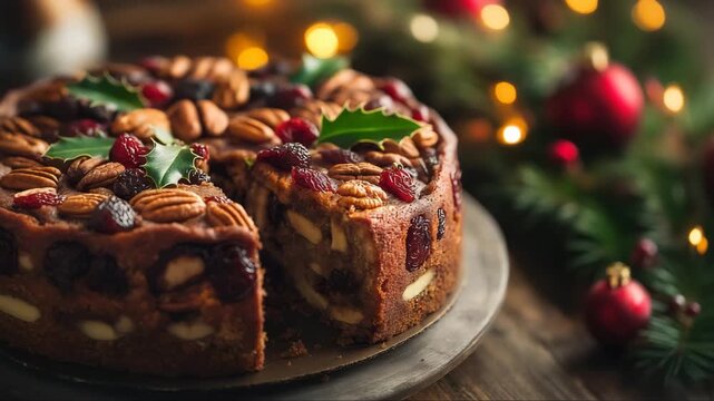 Rich fruitcake topped with pecans and dried cranberries, garnished with holly leaves. Served on rustic plate with Christmas ornaments. Seasonal and classic.