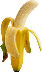 Ripe yellow banana partially peeled revealing fresh fruit inside isolated on transparent background
