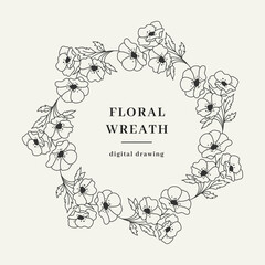Vector elegant floral wreath line art, Floral frame in line design, Thin line art wreath of flowers, Vector floral illustration