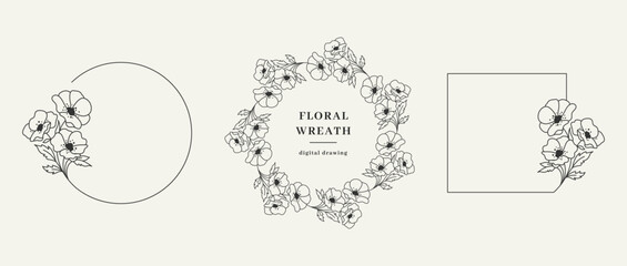 Vector floral frames in line design, Thin line art wreaths and frames of flowers, Vector floral illustration