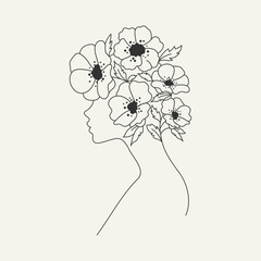 Vector profile girl with wreath of flowers, Modern female portrait face covered with flowers, Vector abstract illustration of woman
