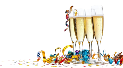 • A New Year’s Eve party with champagne glasses and streamers, isolated on white background in HD 