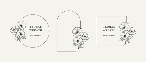 Vector floral frames in a delicate line art design. This collection features elegant thin line wreaths and decorative frames composed of various flowers and botanical elements