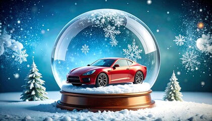 Red sports car inside a snow globe on a snowy winter scene