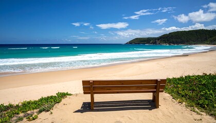 Sandy beach, tranquil ocean waves, wooden bench