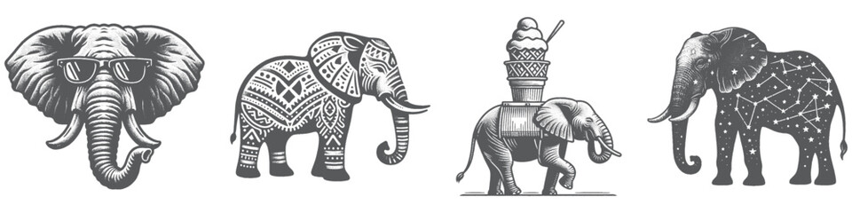 Vintage Hand-Drawn Elephant with Ice Cream Collection Illustration, Playful Wildlife Scene Engraved Style Vector for T-Shirts and Fun Animal Themes Design