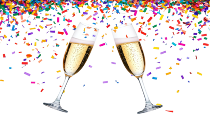 • A New Year’s Eve toast with champagne glasses and confetti, isolated on white background in HD 