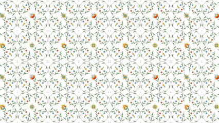 Delicate floral pattern with swirling vines and small colorful flowers on a white background design