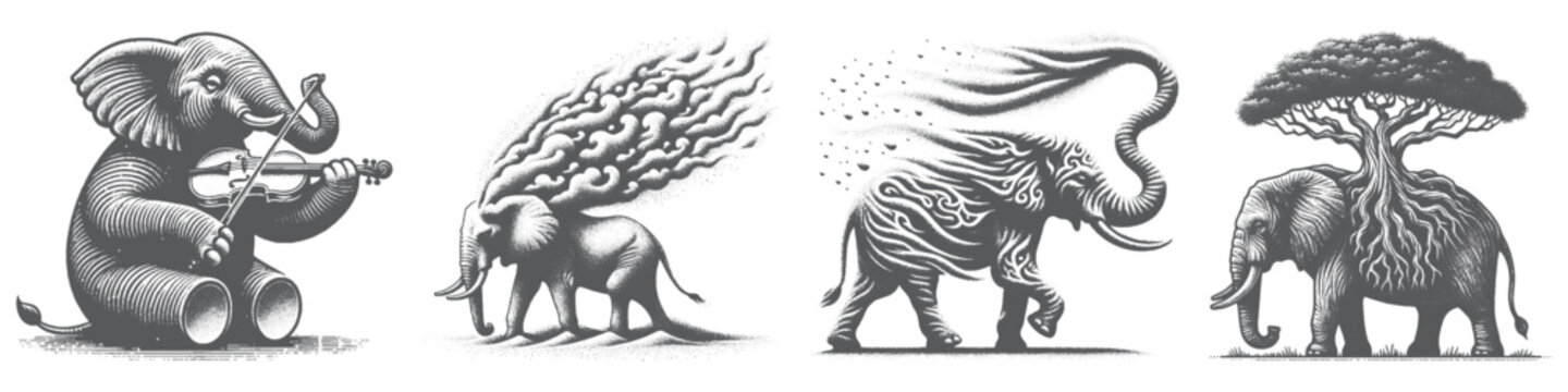 Vintage Hand-Drawn Elephant Playing Biola Collection Illustration, Musical Animal Scene Engraved Style Vector for T-Shirts and Wildlife Music Themes Design