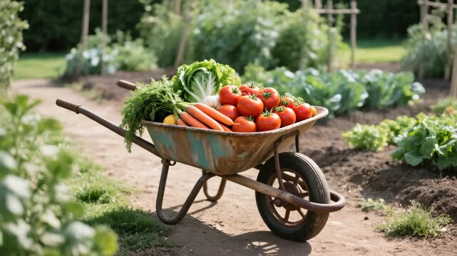 A wheelbarrow full of fresh tomatoes, carrots, cabbage, and greens stands in a vegetable garden on a dirt path. Bright natural light. Organic farming concept.