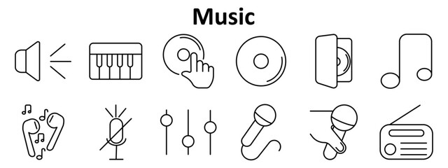 Fototapeta premium Music set icon. Includes speaker, piano keys, CD with hand, compact disc, CD in case, musical note, earphones with notes, muted microphone, sound sliders, two microphones, radio.