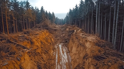 Forest clearing;  excavated trench through trees.  Damaged ecosystem, earthworks,  and debris