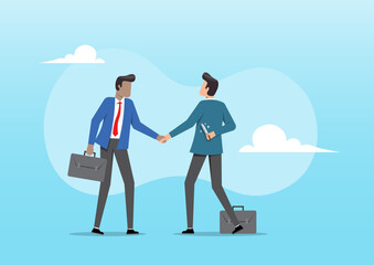 two businessmen shaking hands, one hiding a knife behind his back