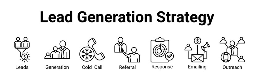 Lead Generation Strategy Icon Banner and Collection. Containing: leads, email marketing, referral, response, cold call, generation, outreach, strategy, prospect, contact