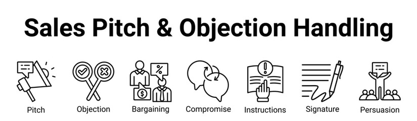 Sales Pitch & Objection Handling  Icon Banner and Collection. Containing: sales, pitch, persuasion, objection, negotiation, bargaining, compromise, signature, deal, closing