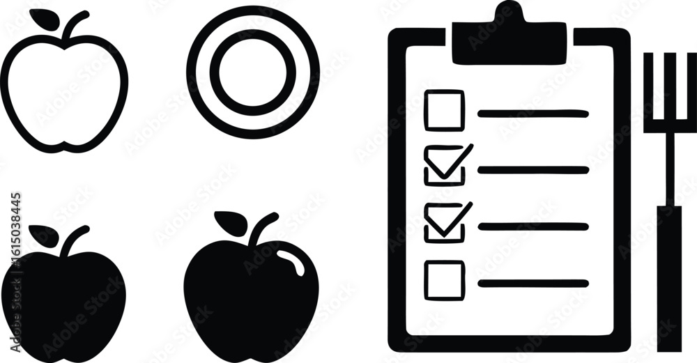 Poster apples checklist fork plate fruit food vector bundle collection set pack object template elements ic
