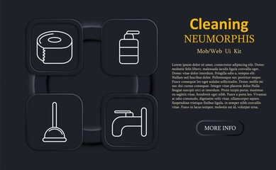 Cleaning set icon. Toilet paper roll, soap dispenser, plunger tool, faucet, minimalist white outline style, neumorphic UI design, rounded digital square icons for mobile use.