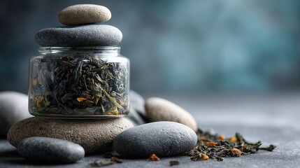 A glass jar filled with loose tea leaves sits atop a stack of smooth stones. Dried tea leaves are scattered around the base, creating a serene and calming atmosphere.