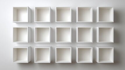 A grid of 16 empty white boxes arranged on a light background. The boxes are square and uniform in size, creating a minimalist aesthetic.