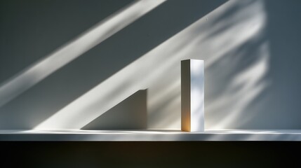 a geometric shapes cast shadows on a wall, illuminated by natural light. The scene features a minimalist design with a focus on light and shadow interplay.