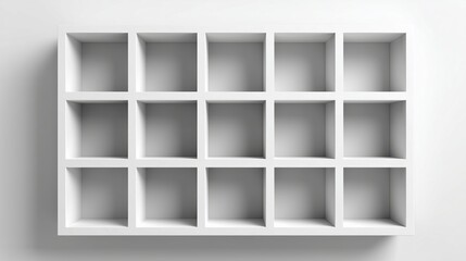 A minimalist white shelving unit with sixteen square compartments arranged in a grid pattern. The design is modern and clean, suitable for various decor styles.