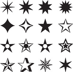 This image showcases a variety of star-shaped vector icons in black-and-white. The collection includes different styles such as solid stars, outlined stars, four-point, five-point, and multi-point
