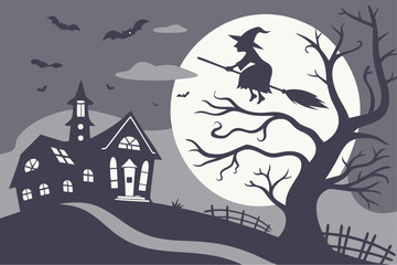 Witch Flying Over Haunted Village Clipart

