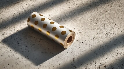 A roll of decorative wrapping paper with gold polka dots rests on a textured concrete surface. Soft shadows create a contrast with the light.