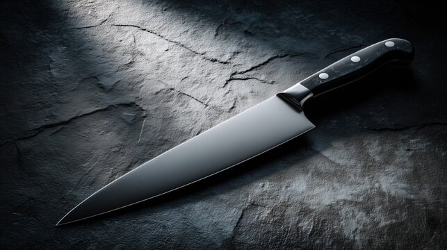 A sharp kitchen knife rests on a dark stone surface. The knife has a sleek blade and a black handle, reflecting light subtly.