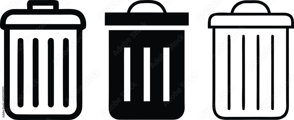 Poster three black and white trash can icons waste garbage vector bundle collection set pack object templat
