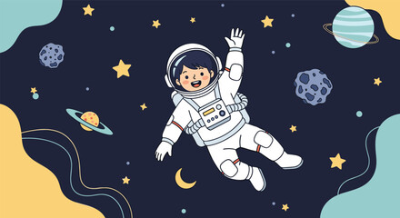 Whimsical astronaut child embarks on an exciting journey through the starry cosmic expanse
