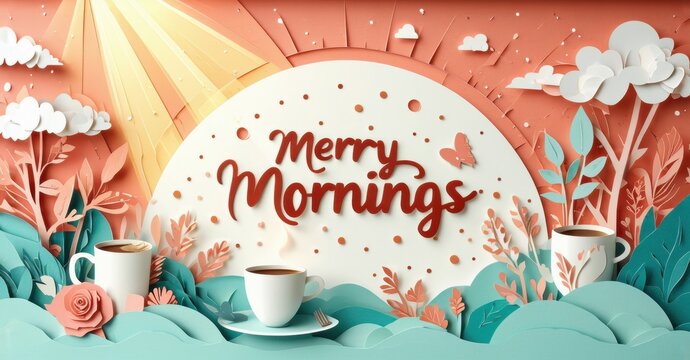 Papercraft illustration depicts cozy morning scene. Coffee cups, plants, sunbeams create warm atmosphere. Text reads Merry Mornings.