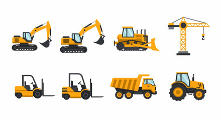 Collection of yellow construction vehicles, including excavators, bulldozers, cranes, forklifts, dump trucks, and tractors, displayed in a grid format.