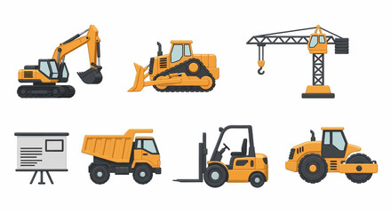 A collection of various construction vehicles and equipment, presented in a flat, illustrative style.