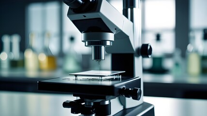 Close-up of a microscope and glass slides in a modern lab 
