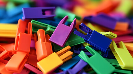 Fototapeta premium Colorful plastic pieces, close-up view. Many small, brightly colored plastic components, various shapes, and sizes, are densely packed together. The colors include a full rainbow spectrum
