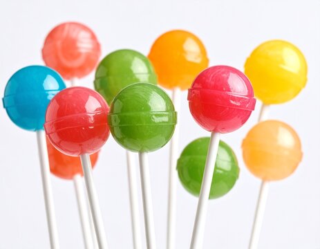 Colorful round lollipops on white sticks against a plain background.