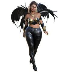 3D-rendered fantasy female character standing confidently with large, stylized black bat-like wings isolated on transparent background