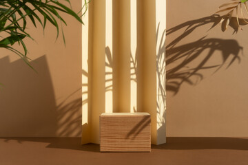 Wooden podium on an abstract beige background with a shadow of palm leaves. A scene with a geometric backdrop. Empty showcase, display case for the product presentation.